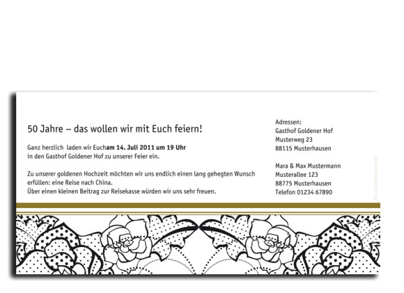Rückseite, Einladungs-Postkarte zur Goldhochzeit, Motiv Spitze, Farbversion: beige