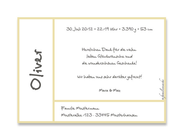 Rückseite, Postkarte zur Geburt, Motiv Olivia/Oliver, Farbversion: beige