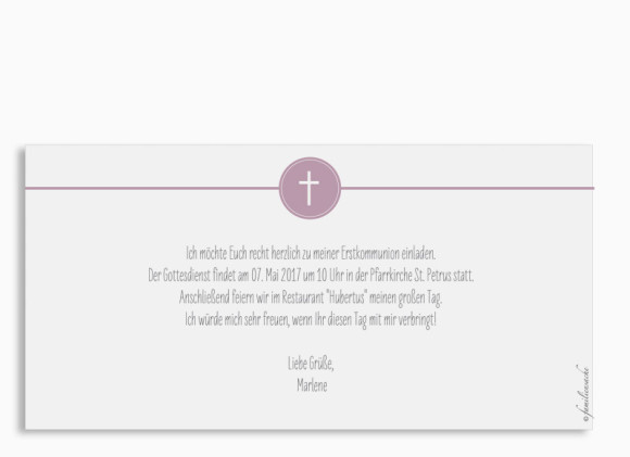 Einladung zur Kommunion, Motiv Hamptons Cross, Rückansicht, Farbversion: brombeer