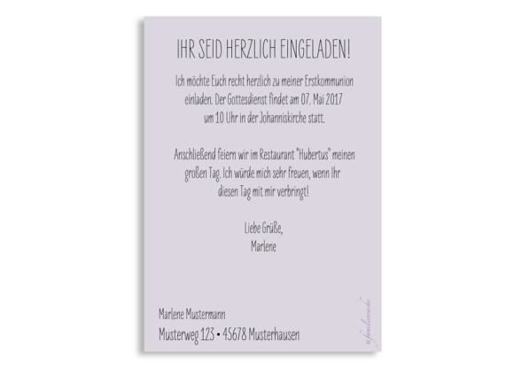 Kommunion Einladungen, Motiv Lucky Stripes, Postkarte A6, Rückseite, Farbversion: flieder