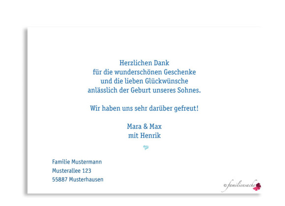 Geburtskarten, Motiv Hanna/Henrik, Rückseite, Farbversion: blau
