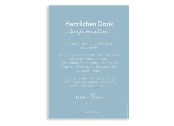 Danksagung Konfirmation als Postkarte A6 hoch, Motiv: Blickfang, Rückseite, Farbvariante: hellblau