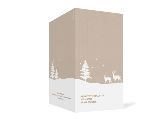 Klappkarte im Hochformat zu Weihnachten, Motiv: Winterlandschaft FW, Aussenansicht, Farbvariante: beige