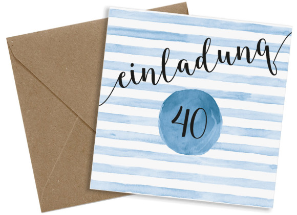 Einladung 40. Geburtstag, Motiv: Dots 'n Stripes, (quadratische Postkarte), mit Briefhülle, Farbvariante: dunkelblau