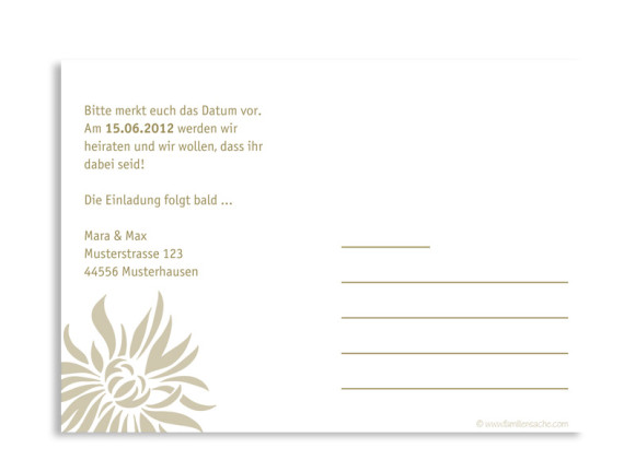 Rückseite, Einladungs-Postkarte zur Hochzeit, Motiv Florenz, Farbversion: beige