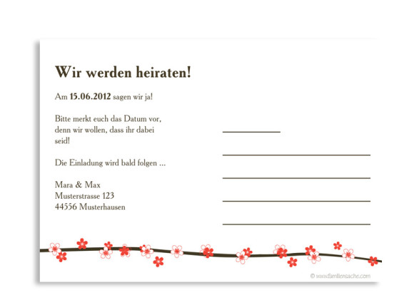 Rückseite, Einladungs-Postkarte zur Hochzeit, Motiv Yokohama, Farbversion: koralle