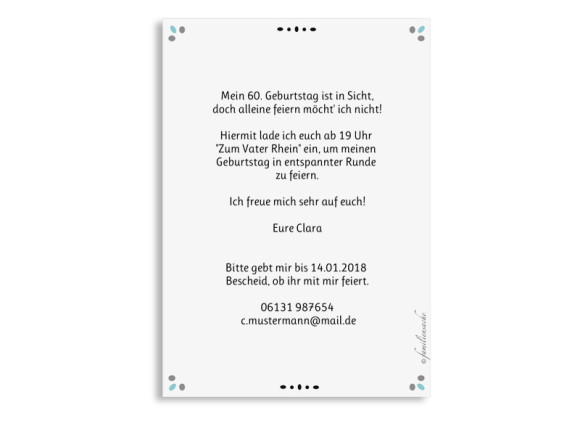 Einladung zum 60. Geburtstag Konfetti in Aqua, Rückseite