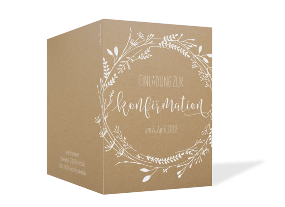 Konfirmationeinladung (Klappkarte A6), Motiv: Blumenkranz Natural, Aussenansicht, Farbvariante: weiss